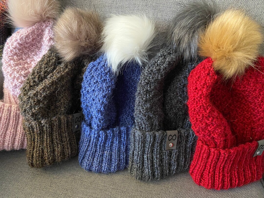 Hand-Knit Alpaca Blend Beanie with Removable Faux Fur Pom Pom Hat Alpaca Blend Beanie, Faux Fur Pom Winter Hat - Etsy main image 3