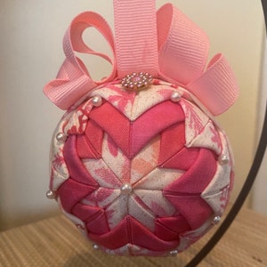 Quilted Ornament / Decor - Christmas - *Free Shipping* - Pink Snowflakes and Sparkles - Pink Ribbon