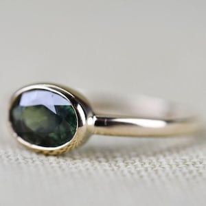 Art Deco Simple Bezel Set Green, Blue  Sapphire Solid 14k Yellow Gold Engagement Ring