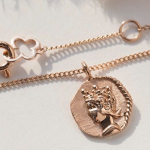 Queen Elizabeth Antique Coin Pendant  Solid 14k Gold Necklace
