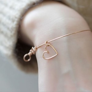 Solid 14k Gold Wire Tension Bangle Heart Charm Bracelet
