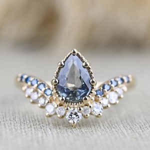 Pear Shape Teal Sapphire Tiara Style Engagement Ring 14k Solid Yellow Gold Diamond Ring