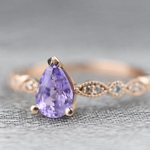 Art Deco 1ct  Pear Shape Violet Sapphire 14k Rose Gold Diamond Engagement Ring