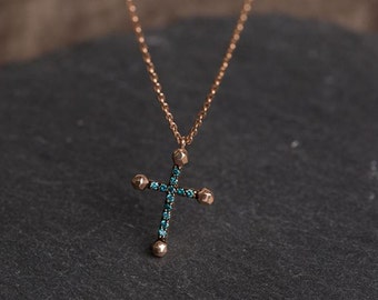 Blue Diamond Vintage Cross Pendant 14k Solid Gold Daily Necklace