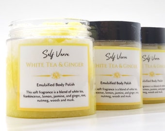 WHITE TEA & GINGER Emulsified Body Polish| Smoothes Skin and Moisturizes| Moisturizing Body Scrub| Emulsified Body Scrub| Body Polish