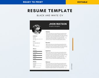 Resume Template. Black and white CV, modern and ready to fill in Word. Letter size, Ready to print.
