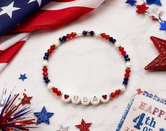 USA charm bracelet | Fourth of july Beaded jewelry | red white and blue