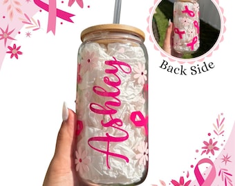 Breast Cancer Cup, Personalized Name Tumbler, Pink Ribbon Gift, 40oz Cup with Straw, Survivor Gift, Support Awareness Mug, Libbey glass cup