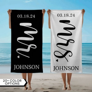 Mrs and Mr Custom Name Beach Towels for Honeymoon Just Married Personalized Gift for Wedding Newlyweds Couple Towel Husband Wife Beach Towel