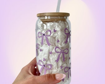 16 oz Rhinestone Bow Libbey Glass Cup with Bamboo Lid & Straw | Custom Pink bow cup | Iced Coffee Mug | Coquette Bow Glass | Cute Bow Glass