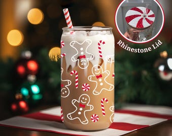 16 oz Gingerbread candy cane Glass Cup with Rhinestones