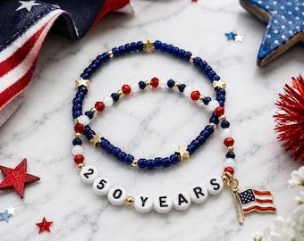 250 Years Patriotic Bracelet Set – Red White & Blue Fourth of July Beaded Stack Bracelets with American Flag Charm