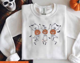Embroidered Halloween Dancing Skeletons Sweatshirt | Fun Spooky Vibes Crewneck Sweater | Cozy Fall Apparel | Spooky Season Sweatshirt