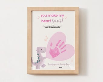 Valentine's Day Dinosaur You Make My Heart Saur Handprint Craft, Classroom Preschool Children Art, Digital Printable