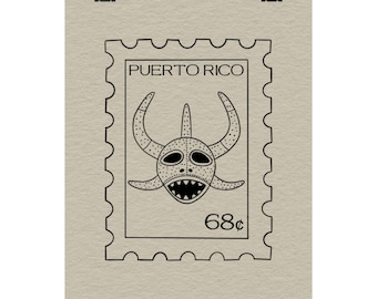 Vintage stempelposter Puerto Rico Vejigante-masker: Boricua Home Decor