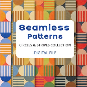 May include: A collection of colorful seamless patterns featuring circles and stripes. The patterns include various color combinations, such as blue, orange, red, and brown. The image includes the text "Seamless Patterns" and "Circles & Stripes Collection".