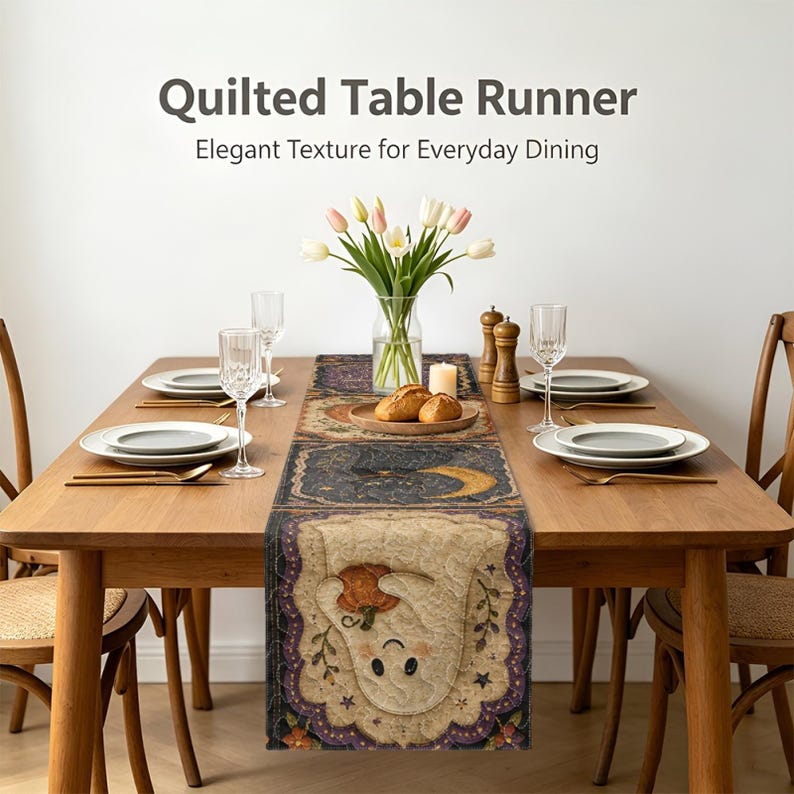 Halloween Quilted Table Runner, Friendly Ghost and Black Cat Decor ...