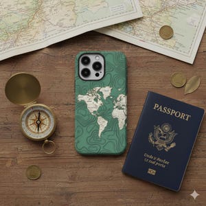 May include: A green phone case with a world map design, a compass, a passport, and a map on a wooden surface. The phone case has a topographic map pattern. The passport is navy blue with gold lettering.