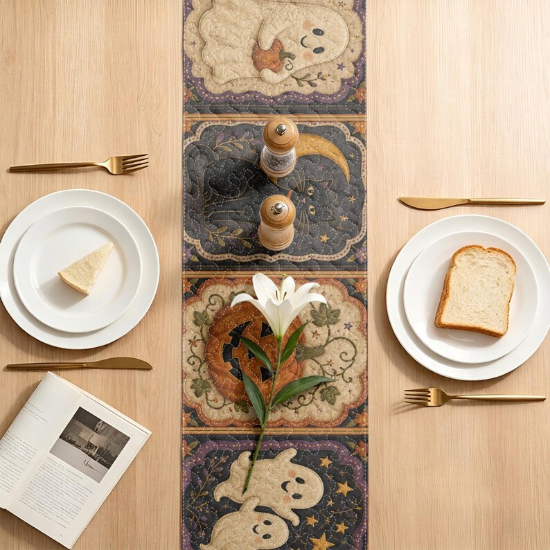 Halloween Quilted Table Runner, Friendly Ghost and Black Cat Decor ...