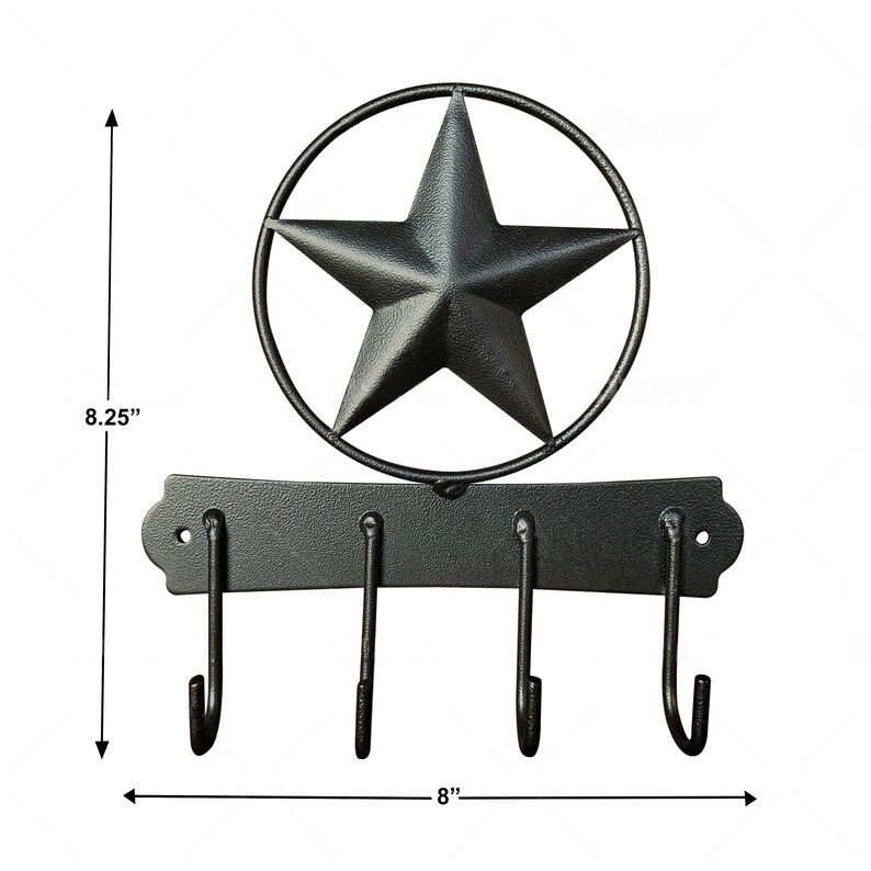 May include: Black metal key hook with three hooks and a star-shaped design. The hook measures 8 inches wide and 8.25 inches tall.