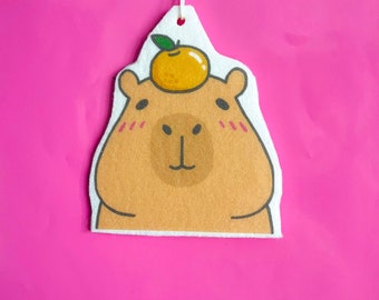 Cute and Happy Capybara with Orange Meme Scented Air Freshener - Car Air Freshener