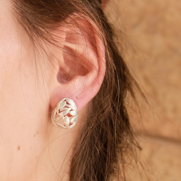 Handmade silver earrings, Medium size stud earring, Minimalist design, flowers and leaves pattern, Nature botanic style, Mismatched pair.