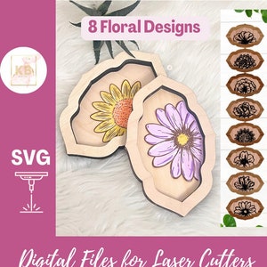 Bandeja porta llaves con forma de anillo, con diseño floral, grabada con láser, de madera, con grabado en SVG digital, ScrapBuster, rosa, violeta, margarita, peonía, girasol, lirio