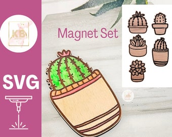 May include: A set of five wooden cactus and succulent magnets. The magnets are laser cut and feature a variety of designs, including a cactus with a red flower, a succulent with green leaves, and a cactus with a brown pot. The magnets are perfect for adding a touch of nature to your home decor.