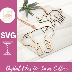 Etiqueta de regalo con adorno de madera acrílica cortada con láser con contorno de elefante, archivo SVG digital, decoración de arte lineal con forma de elefante, amuleto circular Friendship My Tribe