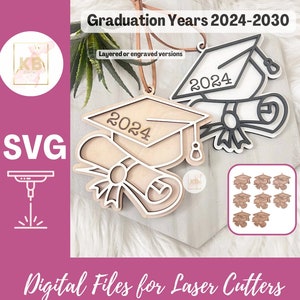 2025 卒業式オーナメント 2024-2030 キャップ ディプロマ レーザーカット レーザー刻印 デジタル SVG ファイル バンドル、卒業式ギフト タグ レーザー ファイル 卒業式