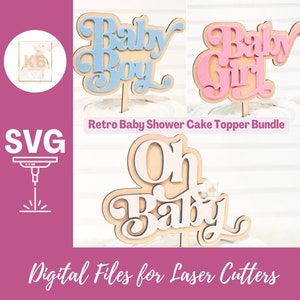 File SVG per decorazioni per torte per baby shower retrò, file di download digitale tagliato al laser, bambino maschio bambina oh baby SVG, decorazioni per torte a strati hippie boho