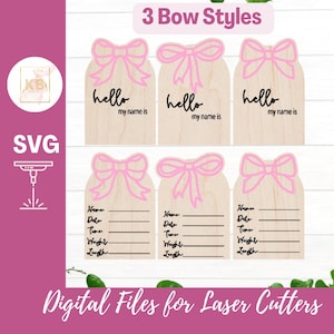 Conjunto de 3 anúncios de nome de coquete de laço de bebê vintage, download digital SVG para corte a laser, decoração de hospital com laço feminino, revelação de nome