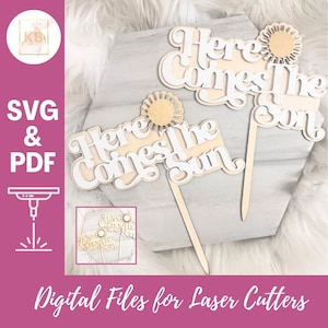 Adorno para tarta con capas Here Comes The Son Sun, descarga digital de archivos SVG y PDF para máquinas de corte por láser, decoración retro para la ducha del cuarto de niños con sol