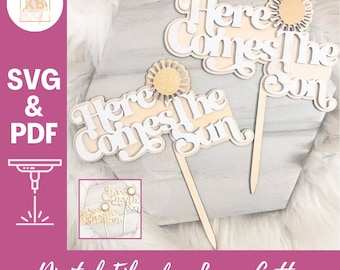 Here Comes The Son Sun Layered Cake Topper, Digital Download SVG& PDF File for Laser Cutting Machines, Sun Retro Nursery Boy Shower Decor