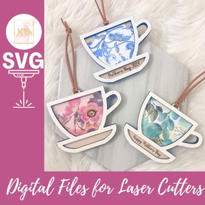Décorations de thé en couches, cadeau fête des mères, SVG découpé au laser, étiquette cadeau pour les amateurs de thé, maison de thé, fichier numérique, faveur de l'heure du thé SVG, Alice au pays des merveilles