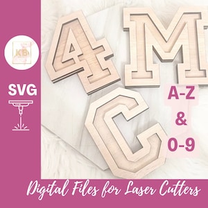 Alfabeto universitario en capas, letras en línea de la A a la Z, números del 0 al 9, SVG, descarga digital láser, glifos de fuente en línea vectoriales escalables