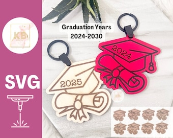 Brelok do kluczy z okazji ukończenia szkoły w 2026 roku, dyplom z czapką 2024-2030, wycinany laserowo, grawerowany, cyfrowy plik SVG, prezent z okazji ukończenia szkoły, plik laserowy, pamiątka z okazji ukończenia szkoły