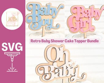 Retro Baby Shower Cake Toppers SVG File, Laser Cut Digital Download File, Baby Boy Baby Girl Oh Baby SVG, Hippie Boho Layered Cake Toppers