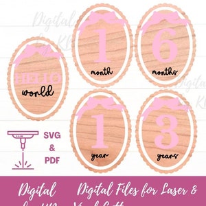 Lazo vintage para bebé, ovalado y festoneado, para hitos de nacimiento 1-12, regalo para recién nacidos, anuncio de guardería, accesorio fotográfico para hospital, formato digital SVG y PDF con láser.