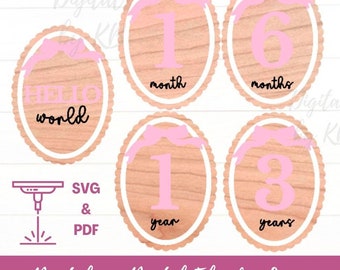 Vintage Baby Bow Coquette Scalloped Oval Birth 1-12 Milestones, Newborn Gift Nursery Announcement Hospital Photo Prop, Laser SVG PDF Digital