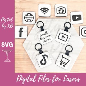 May include: A collection of white and black square keychains and icons, including a shopping cart, music note, and play button. The keychains are labeled "Small Business Owner". Additional icons include a camera, globe, and Wi-Fi symbol. The text "Digital Files for Lasers" is also present.