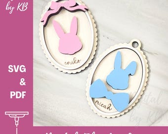 Easter Scallop Oval Bunny Bow Basket Tag, Coquette Vintage Ribbon, Laser Digital Download, SVG PDF File,Boy Girl Gift Basket Alphabet Letter