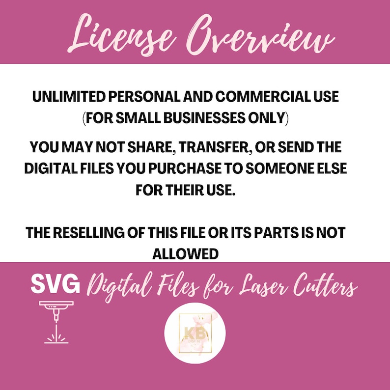 May include: A pink graphic with the text "License Overview" in a cursive font. The text details the terms of use for digital files, including personal and commercial use for small businesses, and restrictions on sharing and reselling. The bottom text reads "SVG Digital Files for Laser Cutters".