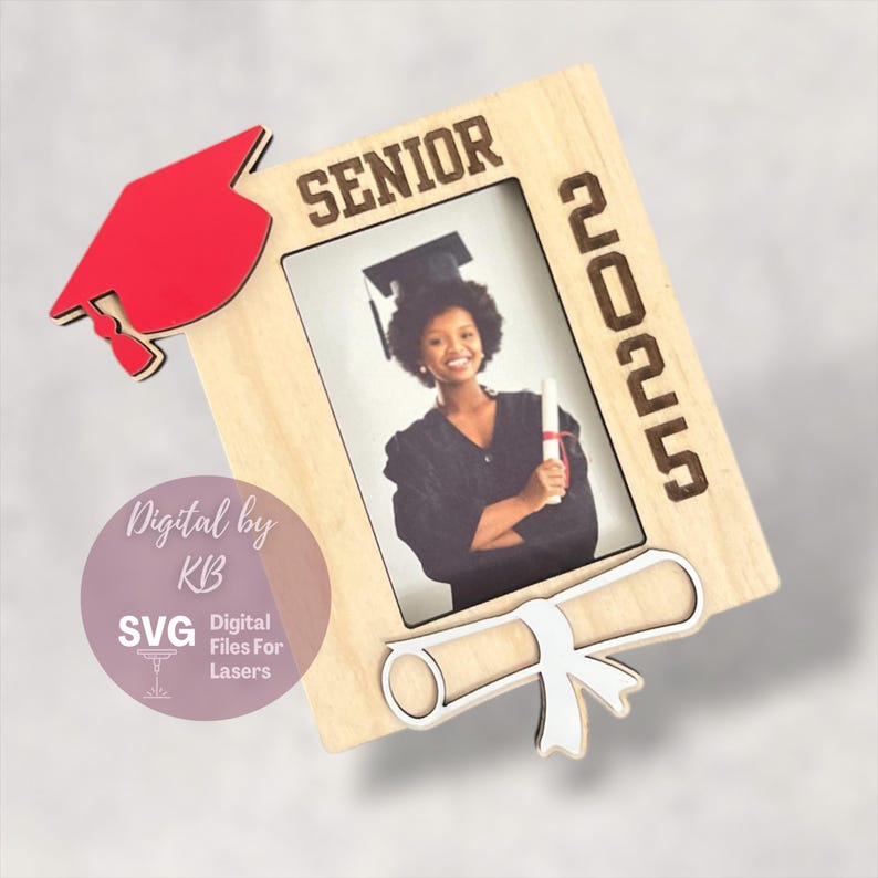 May include: A wooden picture frame with a graduation cap, diploma, and the text "Senior 2025". The frame is designed to hold a 4x6 inch photo.