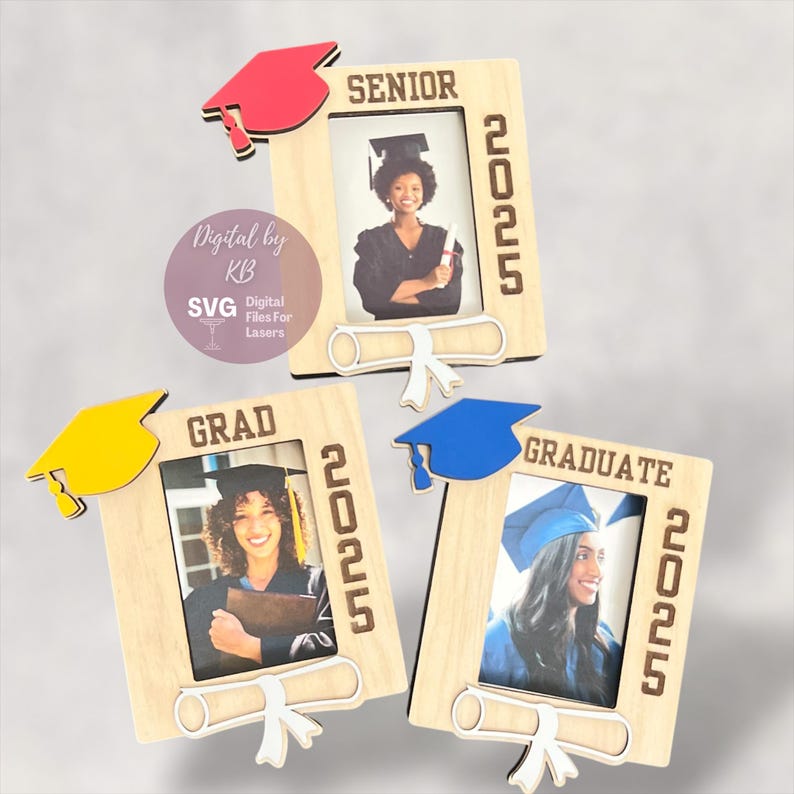 May include: Three wooden picture frames with graduation caps, diplomas, and the year 2025. The frames say "Senior", "Grad", and "Graduate".