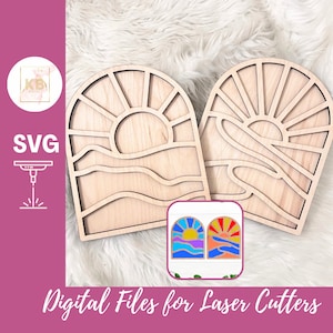 Letreros de pared colgantes en capas con arcos de amanecer y atardecer, archivo SVG de descarga digital para máquinas de corte por láser, letreros de fiesta de pintura boho