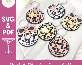 Bejeweled Retro Coquette Mirror Disco Ball Keychain Set, SVG PDF Digital Download Laser File, Layered Acrylic Merry Swiftmas Holiday Gift