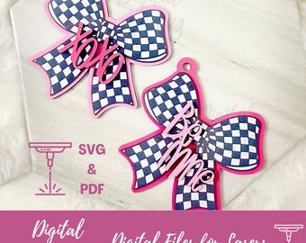 Checkered Coquette Bow Ornament Basket Gift Tag, SVG PDF Laser Digital Laser File, Modern Layered Stocking Tag,  Girly Teen Tween GenZ Bow