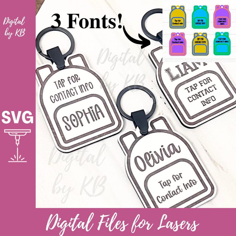 May include: Keychains in the shape of a backpack with the text "TAP FOR CONTACT INFO" and a name. The image shows three keychains with different names and fonts. The keychains are black and white with a black keyring.