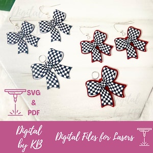 May include: Four pairs of black and white checkered bow earrings with silver earring hooks. The earrings are arranged on a white surface. The text "SVG & PDF" is visible in the image.